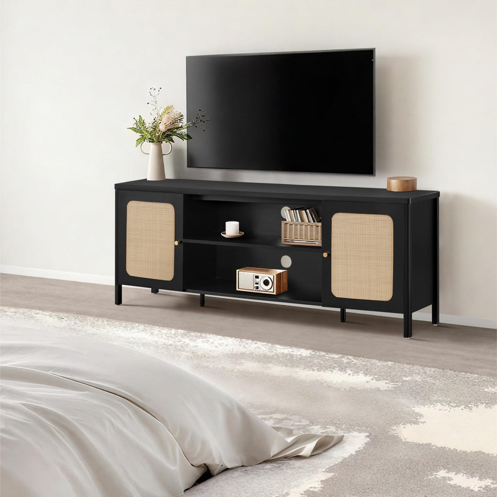 Rattan TV Stand for TVs up to 75'' Boho Entertainment Center with Adjustable Shelf Television Stand with 2 Storage