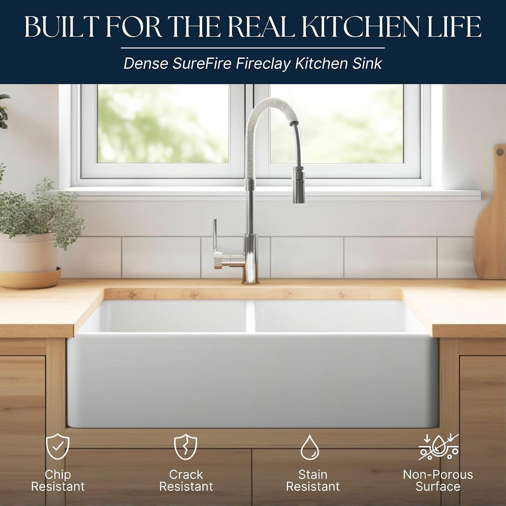 Turner 33 in White Fireclay Farmhouse Sink, Double Bowl | SureFire chip-resistant glaze, apron front undermount