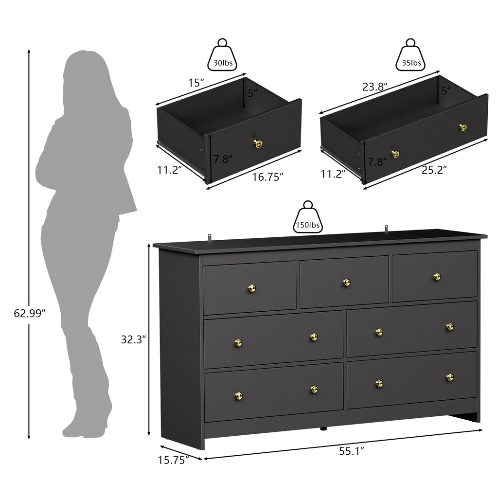 Black 7 Drawer Dresser, 55'' Wide Wood Chest of Drawers with Gold Handles, Modern Large Dressers Organizer, TV