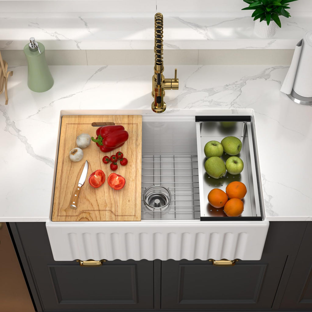 White Farmhouse Sink Workstation 30x20x10 Inch Fireclay