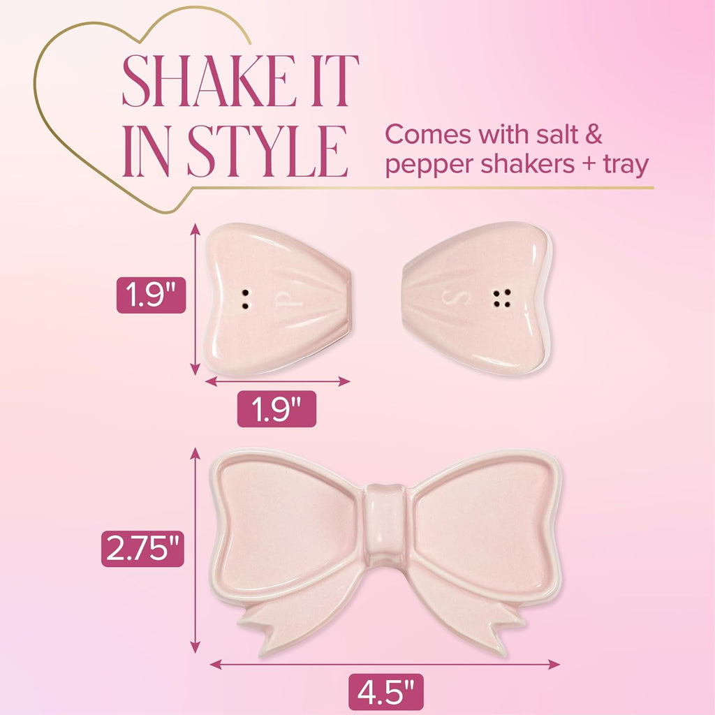 3-Piece Bow Shaped Salt and Pepper Shaker Set, Iconic Ceramic Stoneware With Matching Tray, Pink