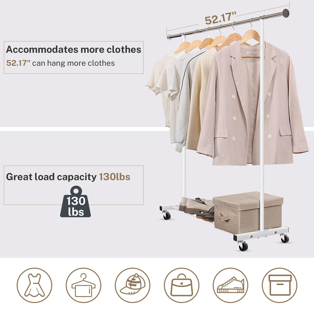 Clothes Rack, 130LB Capacity Heavy Duty Clothing Rack with Wheels and Bottom Shelf, 52.17 Inch Rolling Racks for