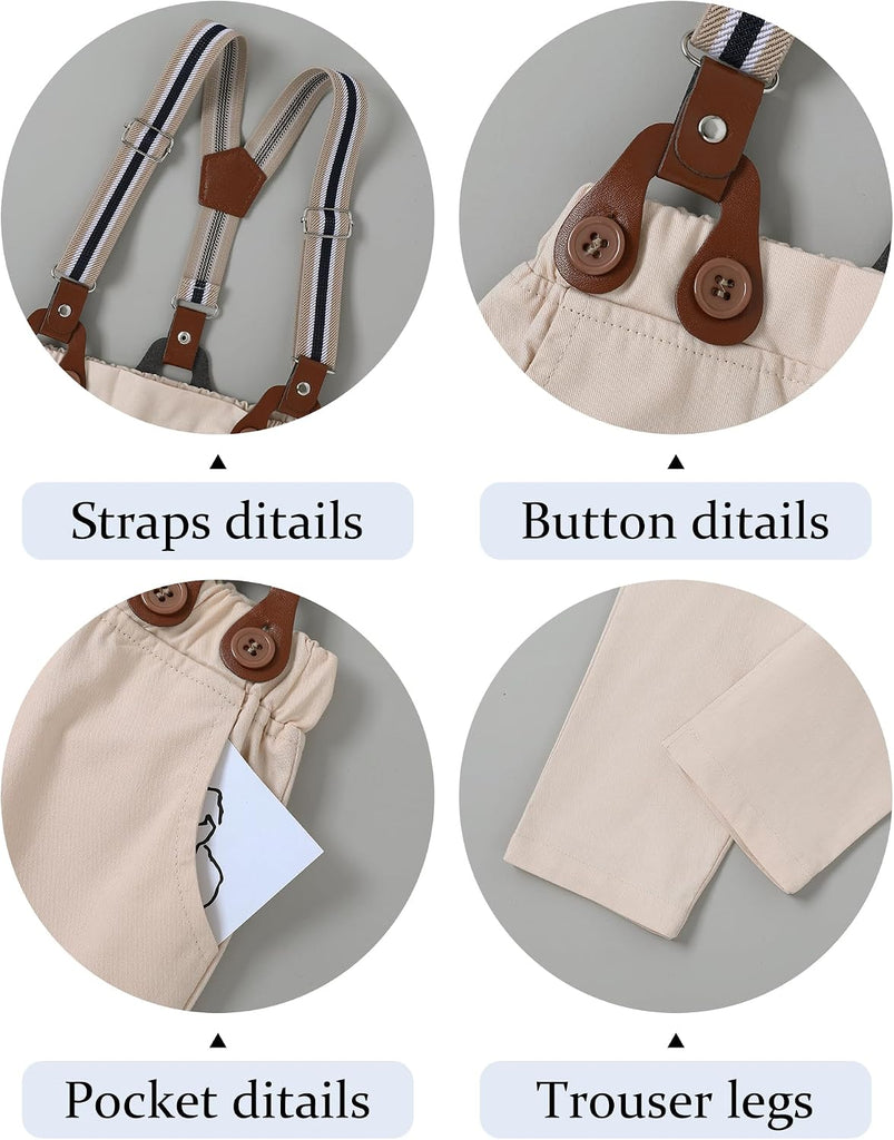 Boys Clothes Formal Suit Gentleman Wedding Outfit Short Sleeve Shirt with Bow Tie and Suspender Pants