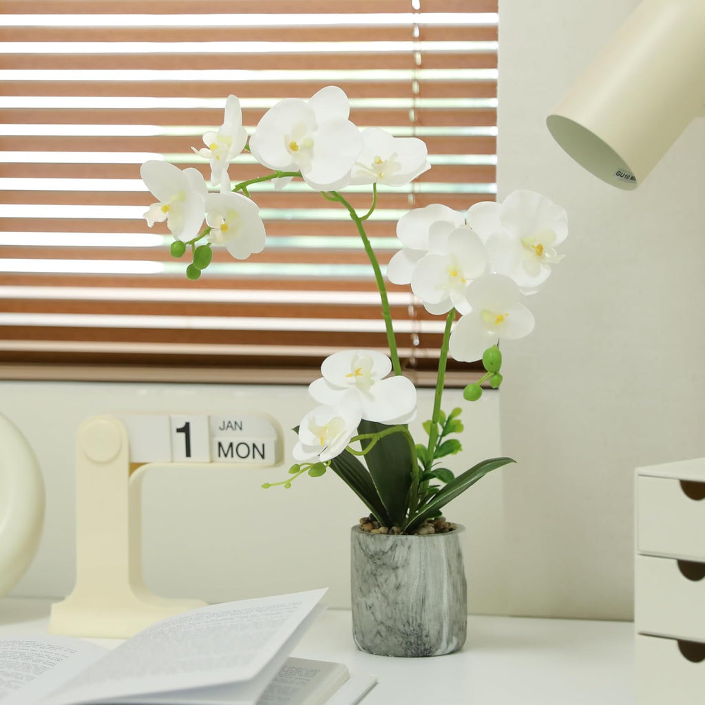 White Fake Orchids Flowers in Pot Bendable Faux Orchids Artificial Flowers Washable Silk Orchid Phalaenopsis Decor