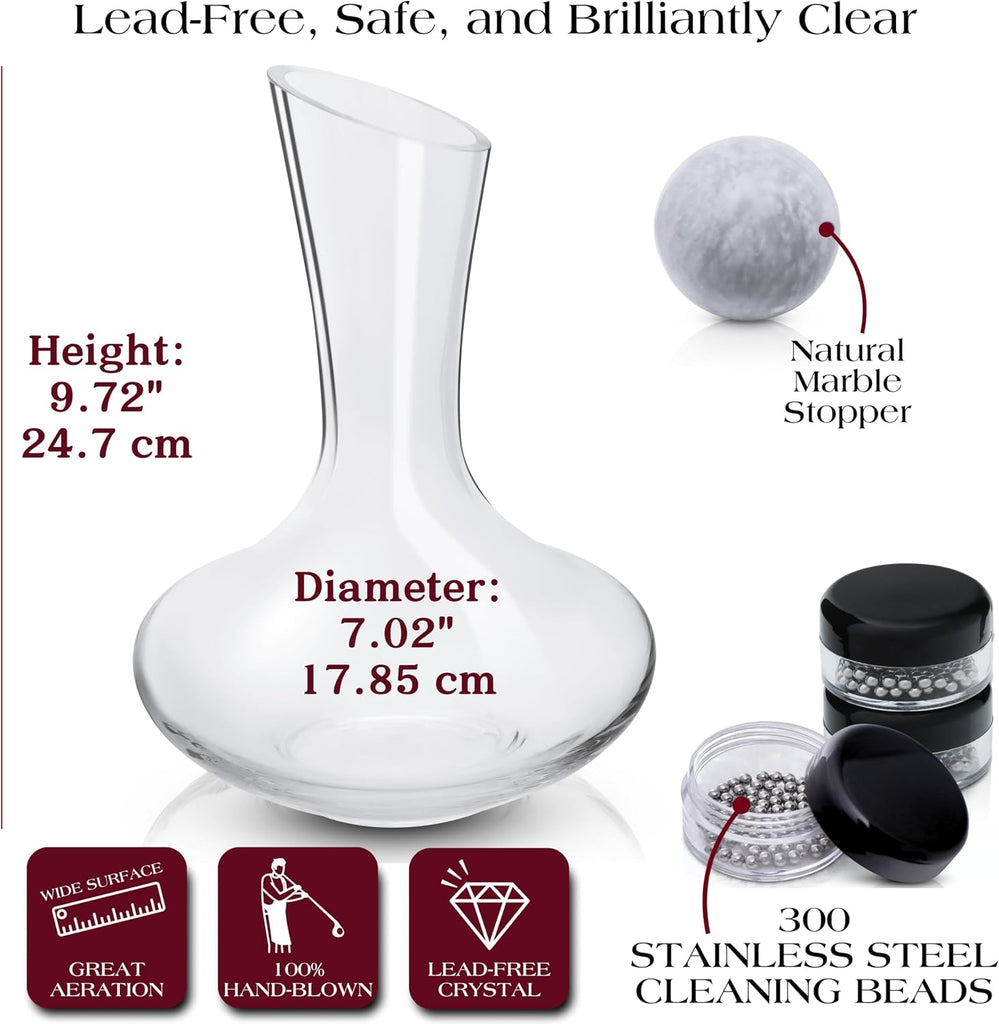 Crystal Wine Decanter with Marble Stopper - Premium Hand-Blown Lead-Free Glass Wine Decanter for Red Wines - 750ml