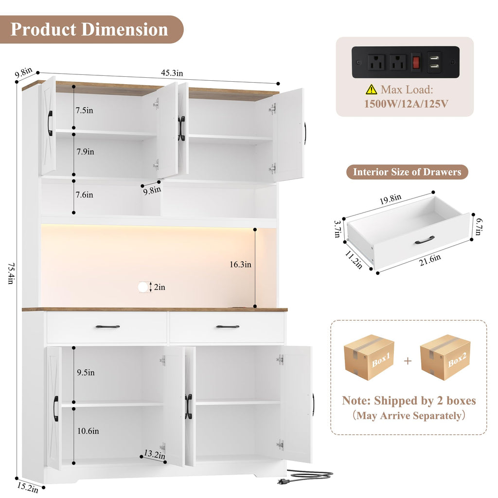 75" Tall Kitchen Pantry Storage Cabinet, 45"W Hutch Cabinet, White