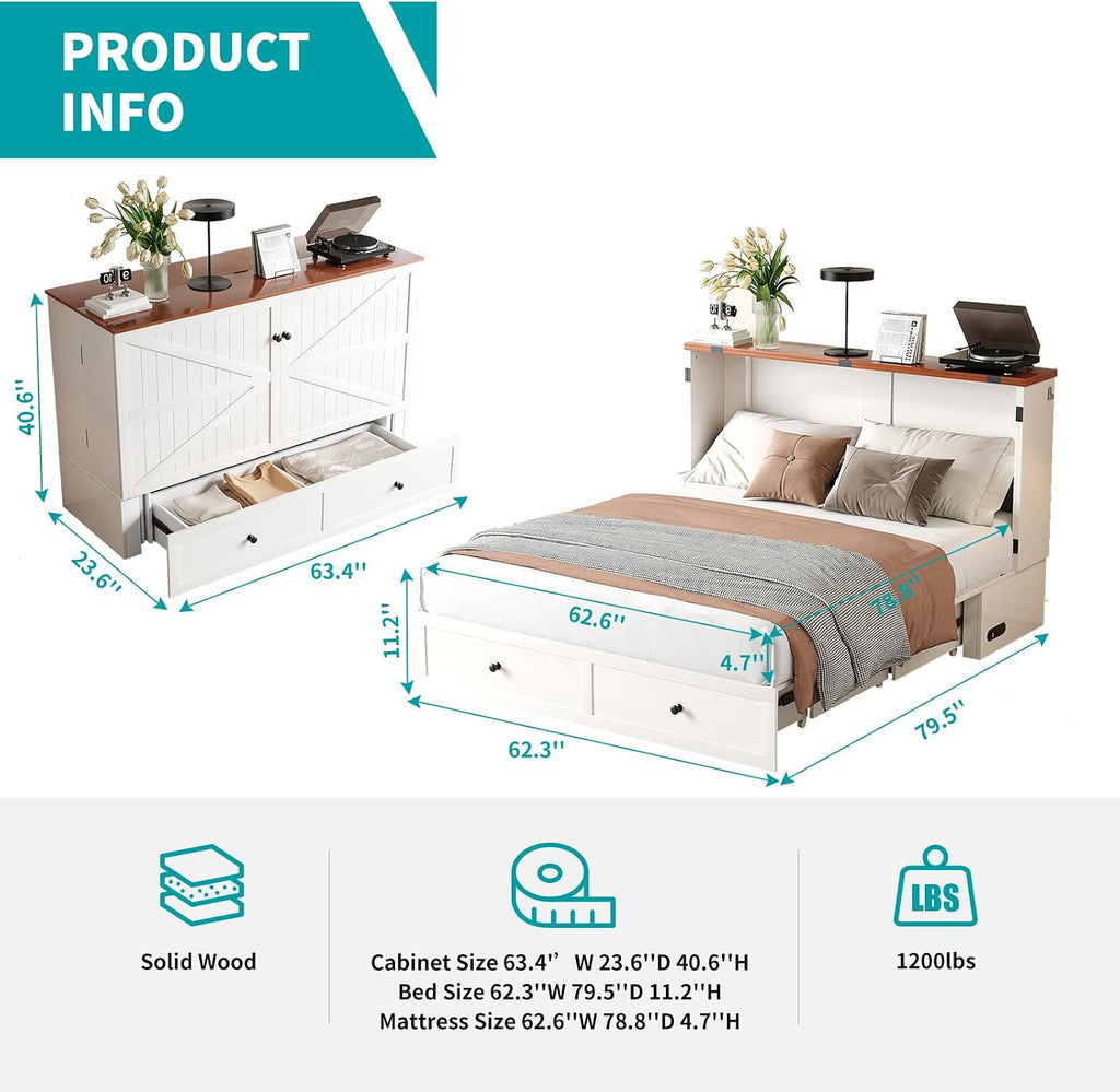 63.4" W Murphy Bed with Tri-Folding Mattress, Queen Murphy Bed with Built-in Charging Station, Queen Murphy Cabinet