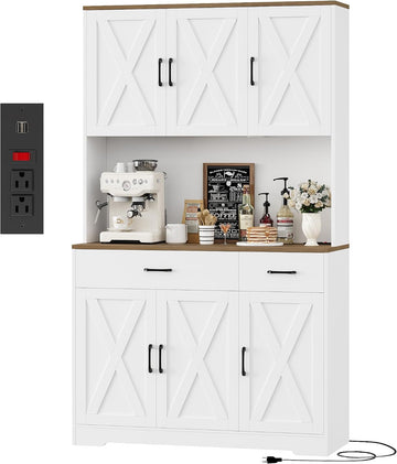 71"H Kitchen Pantry Storage Cabinet, Farmhouse Hutch Cabinet, White | Space-Saving Pantry Cabinet with Charging