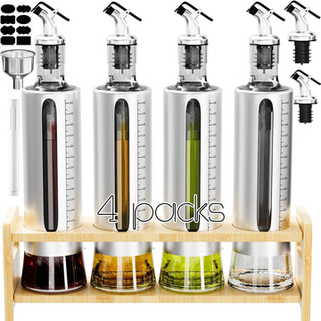Oil Dispenser Bottle, 4 Pack Glass Olive Oil Dispenser Bottle with Shelf, 17oz/500 ml Oil and Vinegar Dispenser Set - Set of 4