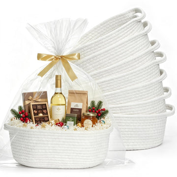 8PCS Small Woven Basket for Gift with Bags, Ribbons & Fillers, White