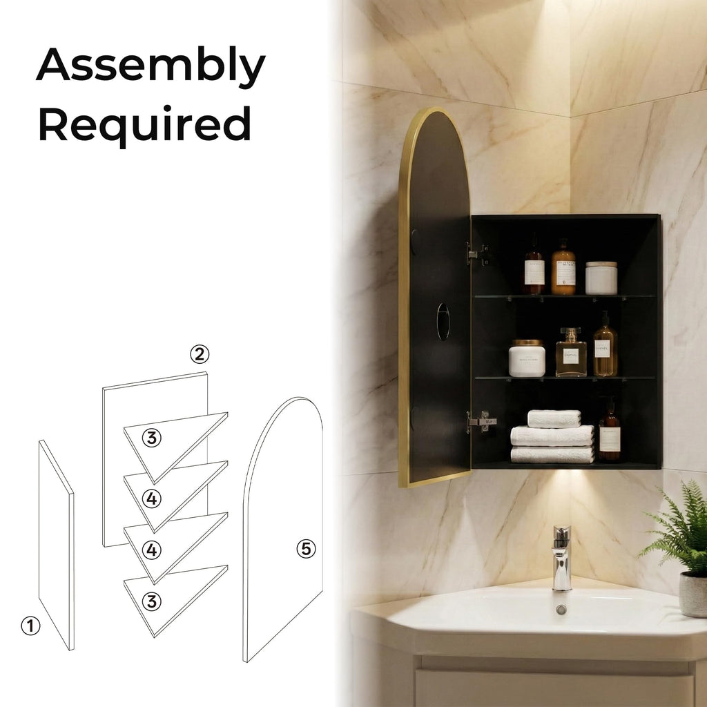 LED Corner Medicine Cabinet with Mirror, One-Touch Defogger, Arched Wall Mount Corner Bathroom Mirrored Cabinets