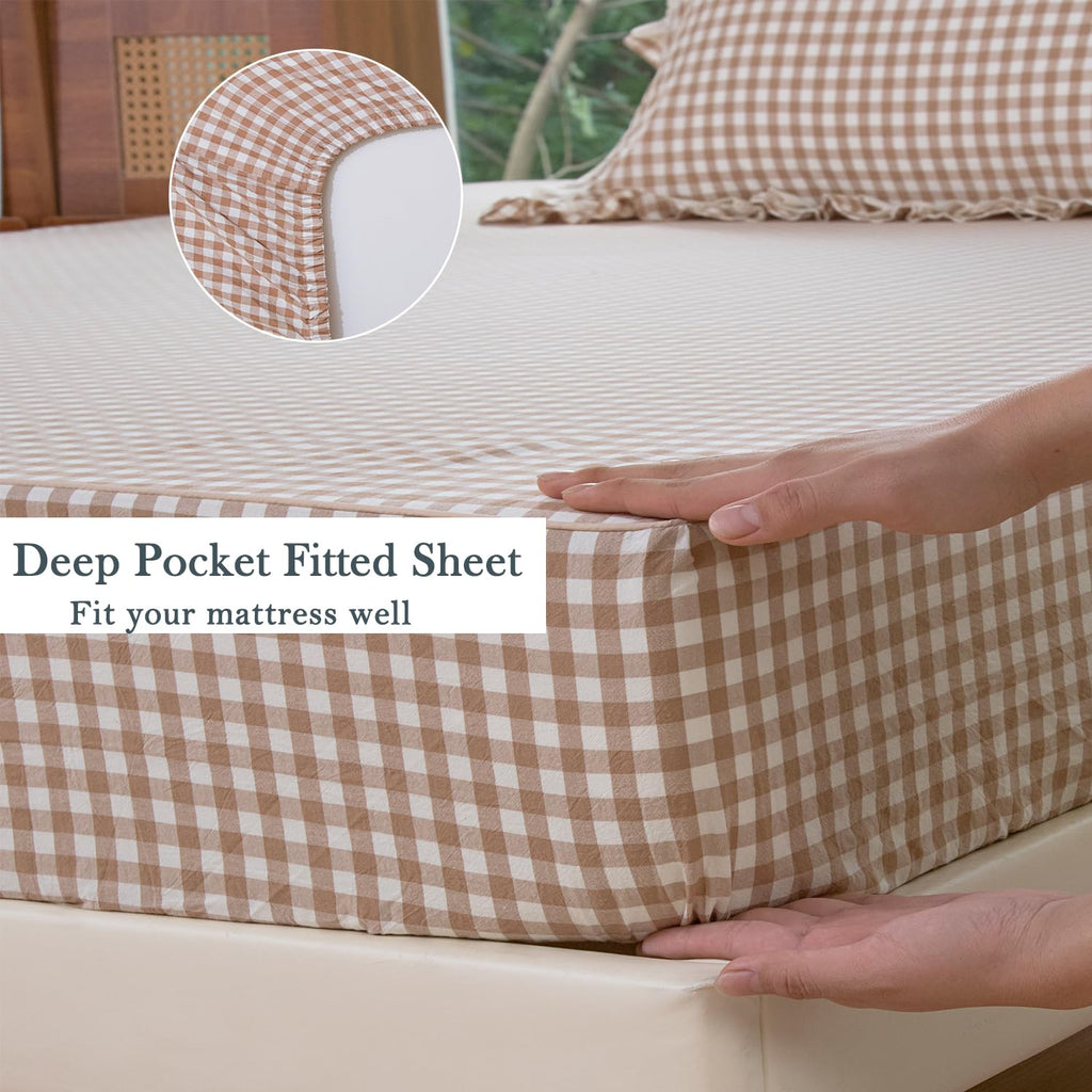 100% Washed Cotton Sheet Set, Taupe Gingham Ruffle, 4 Pieces