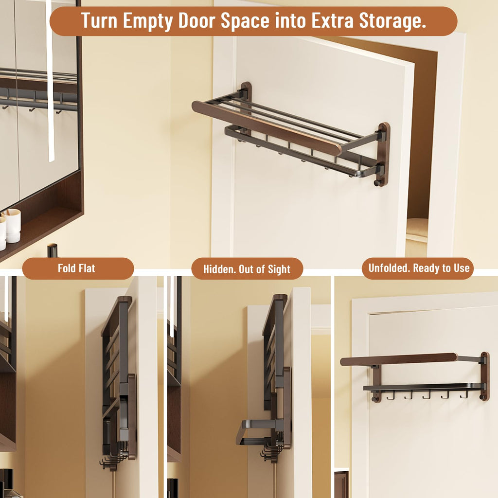 Towel Rack Holder 3-Tier Solid Wood with Shelf, Foldable Wall Mount, 24in Thickened Tube Holds 30lbs, 7 Hooks