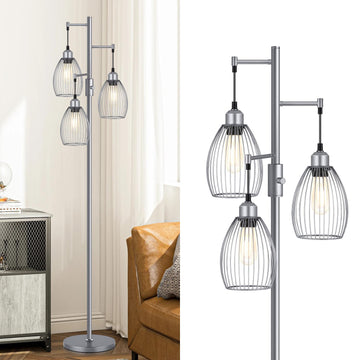 Dimmable Industrial Floor Lamps, Gray Tree Standing Tall Lamps with 3 Elegant Teardrop Cage Head & 800 Lumens LED