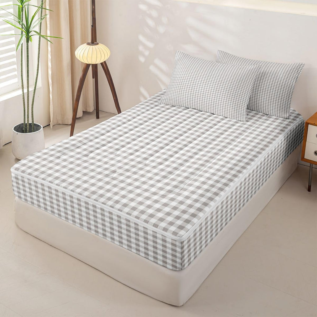 Grey Plaid Checkered Zipper Bedding Set