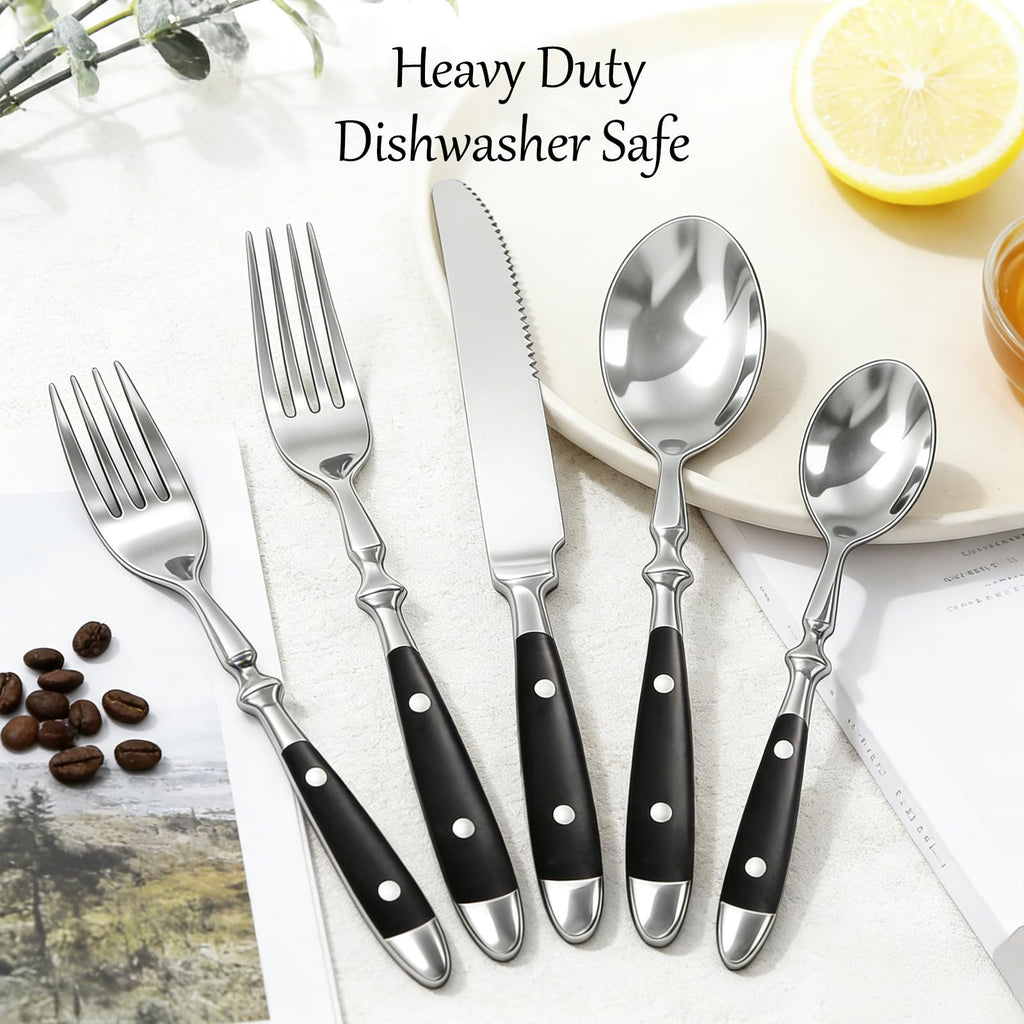 Black Silverware Set, 20pcs Flatware Set with Black Bakelite Handle
