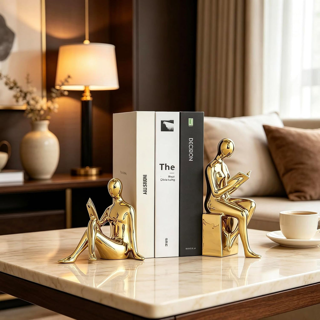 Home Decorative Reading Book Statue Bookends Elegant Ceramic Bookshelf Room Office Desk Decor,Paper Weights, Book
