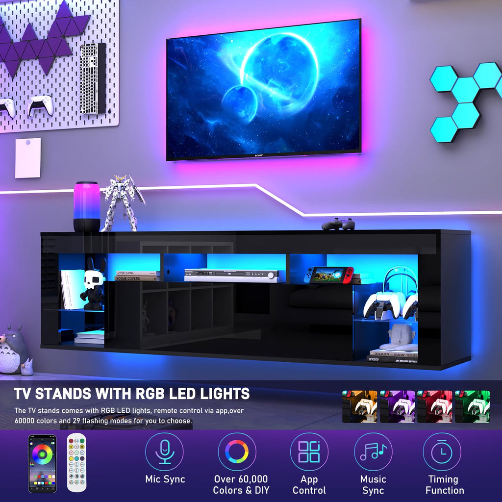 63" Floating High Gloss LED for 75" TVs, Wall-Mounted Entertainment Center, Modern Media Console with Open Adjustable