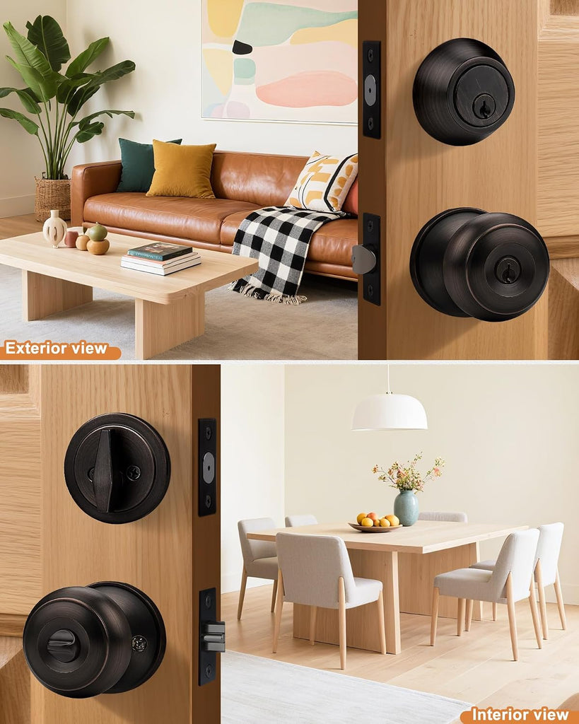 Keyed Alike Entry Door Knob and Single Cylinder Deadbolt Lockset, Front Door Knob with Key and Deadbolt, Oil Rubbed