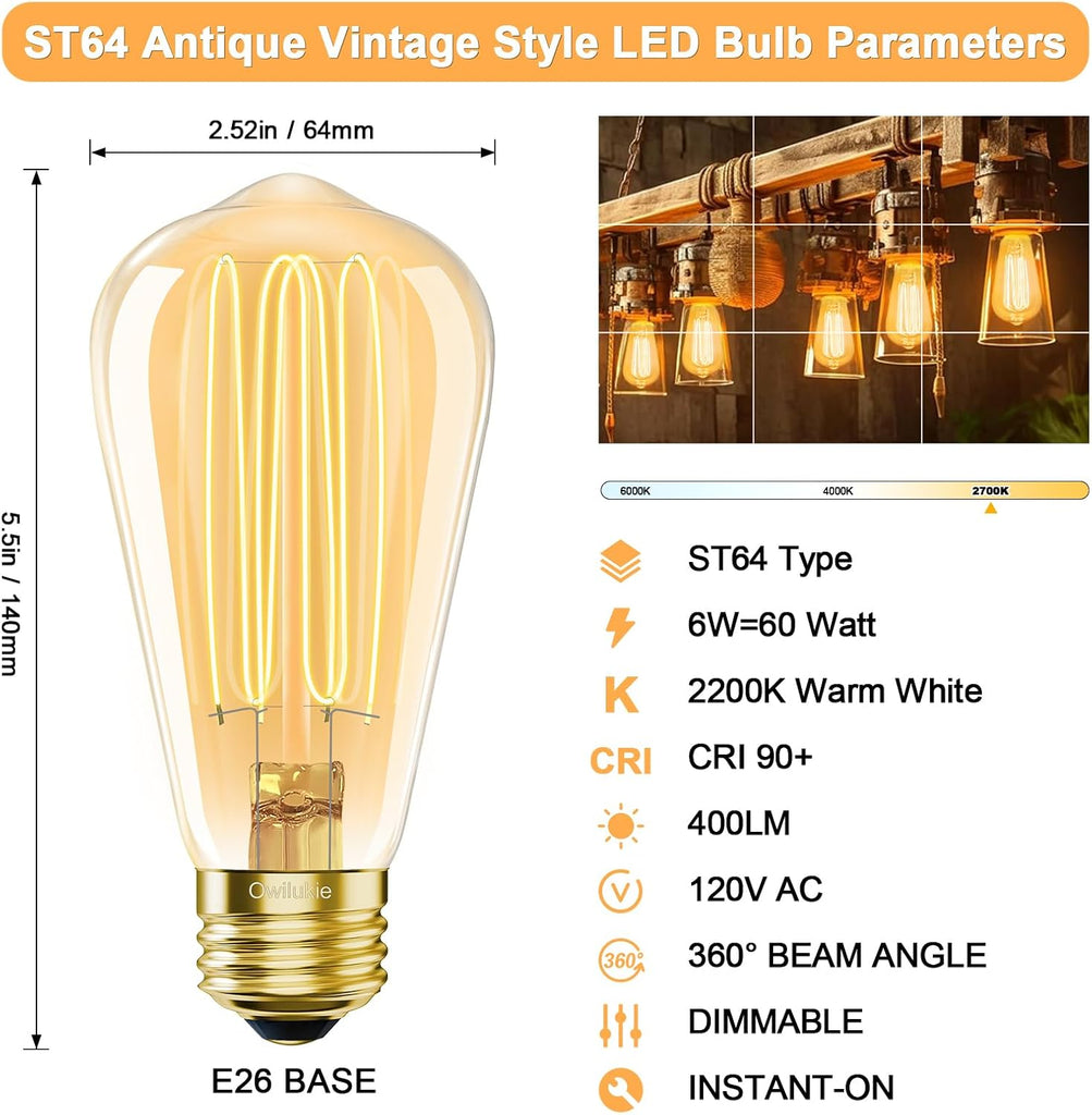 E26 LED Bulb 6W Equivalent Edison Light Bulbs 60 watt, ST64 Vintage Edison Bulbs, Warm White 2200K Amber, Dimmable