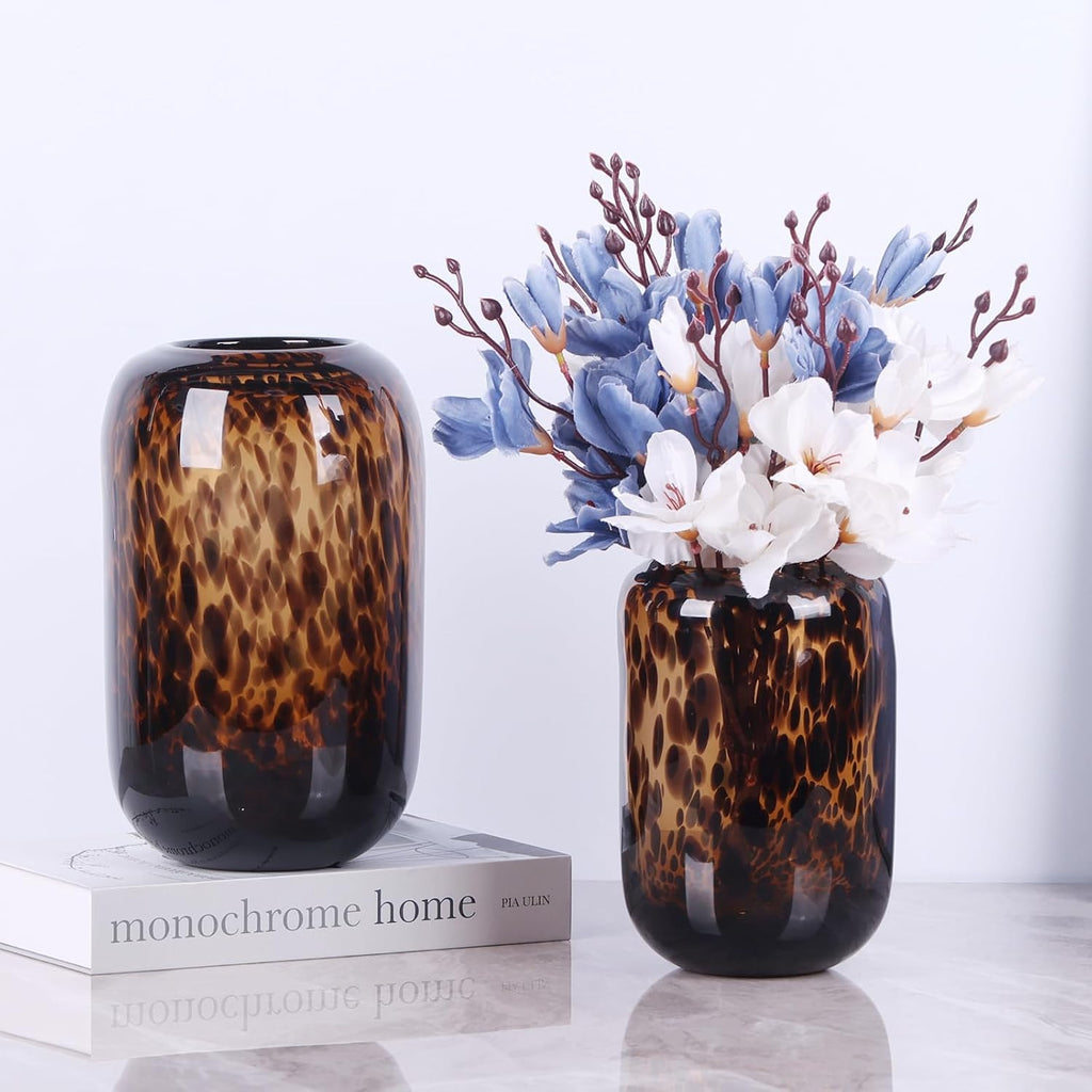Amber Brown Glass Vase - Round Art Glass Vase with Tortoise Shell Pattern, Hand Blown Wide Mouth Decorative