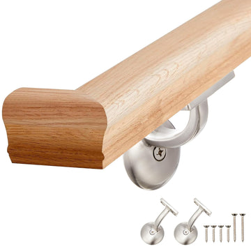 6010 Red Oak Handrail Kit 6 ft with Wall Returns and Wall Mount Brackets Indoor Wood Stairs Handrails Included Screws