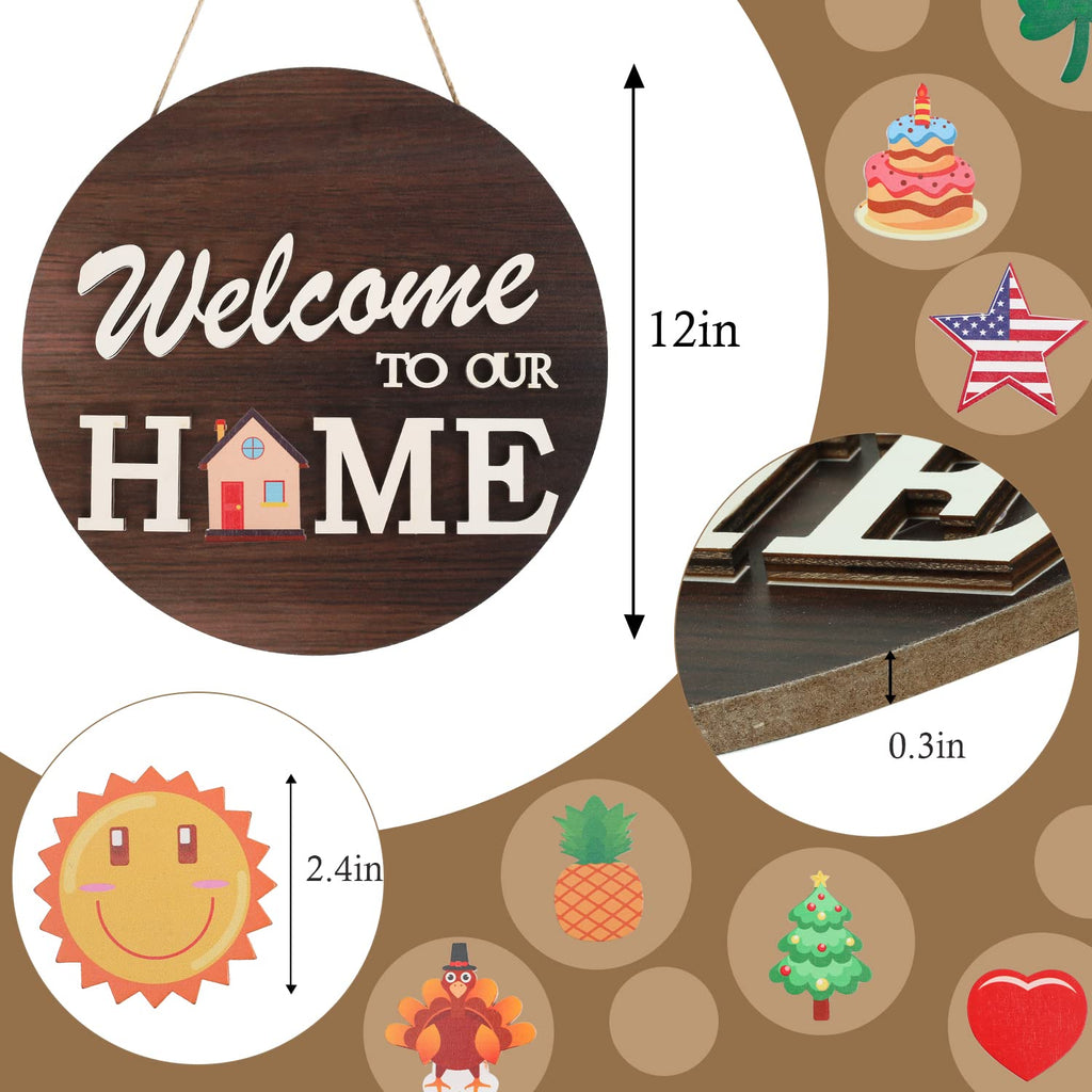 Interchangeable Welcome Sign for Front Door with 4 Seasonal Wreaths and 14 Changeable Icons, Farmhouse Front Door