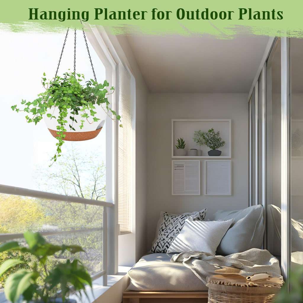 10 Inch Self Watering Hanging Planters with Metal Chain & Macrame Hangers