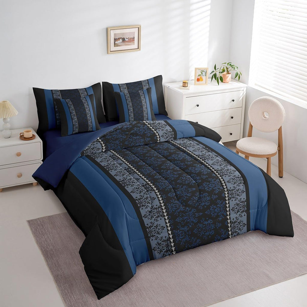 Adult Classic Jacquard 7 Piece Bedding Set Full Size Damask Pattern Comforter Set with Sheets for Boys Girls Black