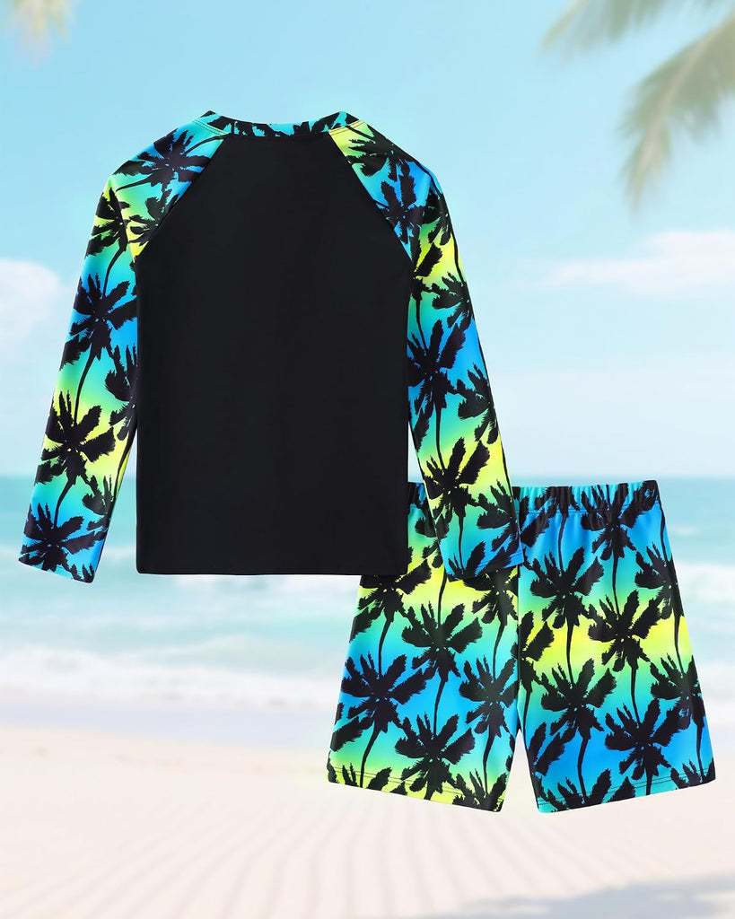Boys Two Piece Swim Set Rash Guard Long Sleeve Swimsuits Kids UPF 50+ Bathing Suit