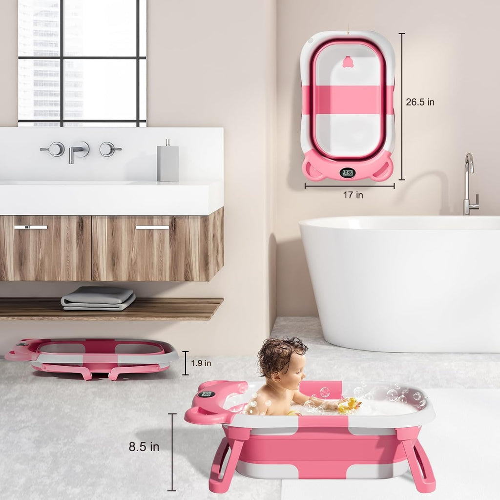 Collapsible Baby Bathtub, Baby Bath Tub with Soft Cushion & Real-Time Thermometer, Baby Bathtub Infant to Toddler Tub