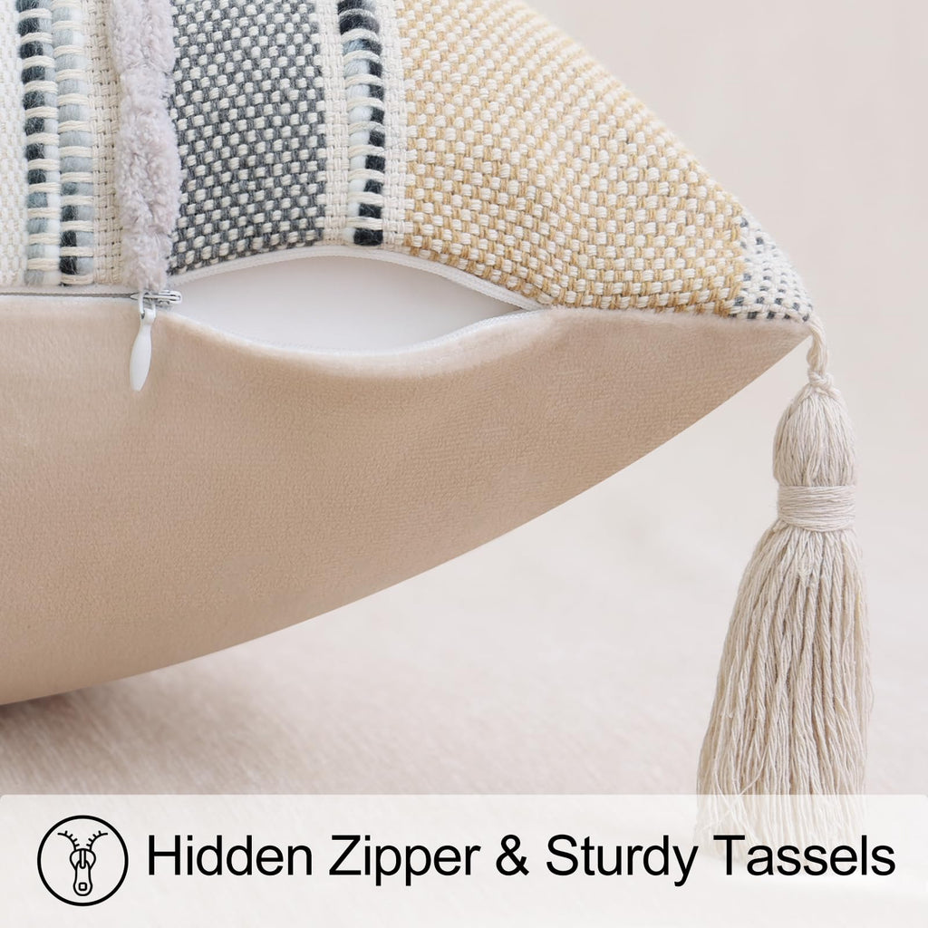 Boho Decorative Throw Pillow Covers 18x18 Set of 2, Striped Chenille Tufted Pillow Covers with Tassels for Couch Bed
