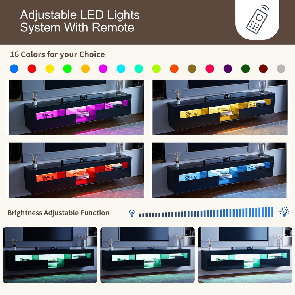 High Gloss LED Floating with 2 Cabinets, Glass Shelf, Black