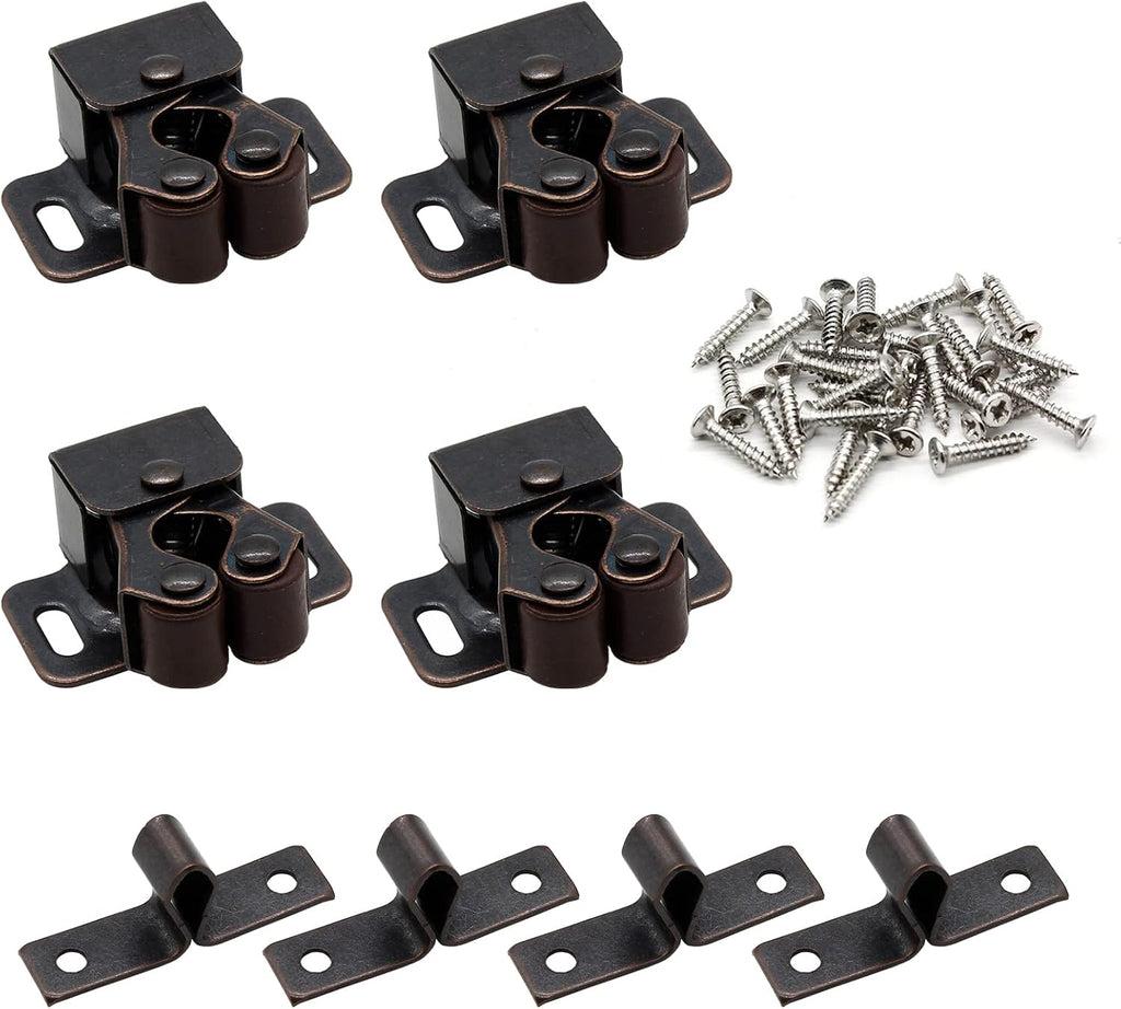 4 Pack Double Roller Catch with Spear, Heavy Duty Cabinet Closet Doors Roller Catch Latch Doors (Bronze Tone)