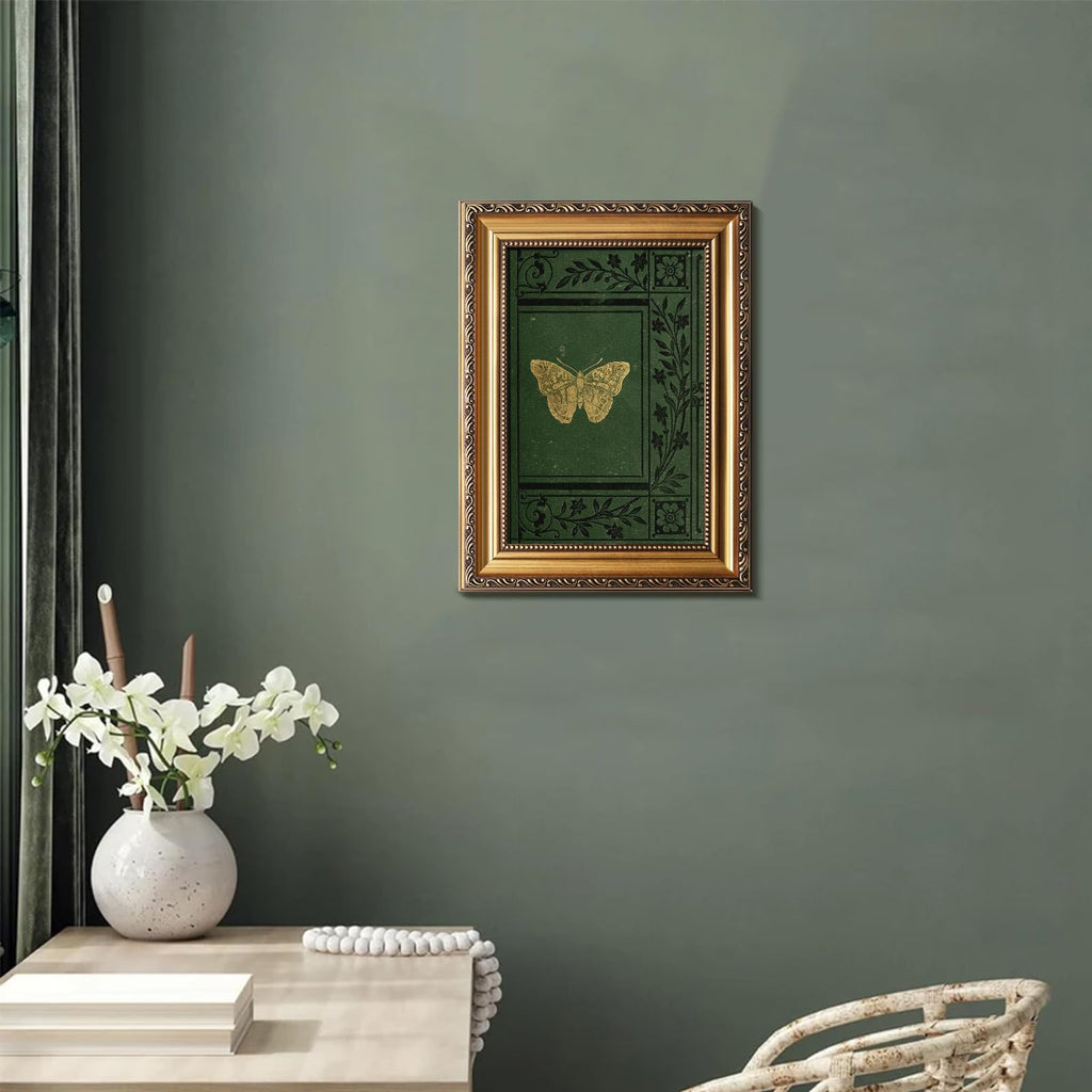 Vintage Gold Framed Wall Art, Classical Butterfly Posters Wall Art Decor Emerald Green Old Bookcover Art Print