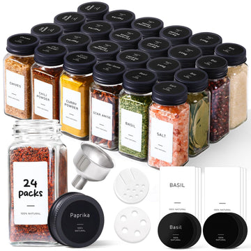 Glass Spice Jars with with Labels 4 oz 24 Pack Small Square Bulk Set