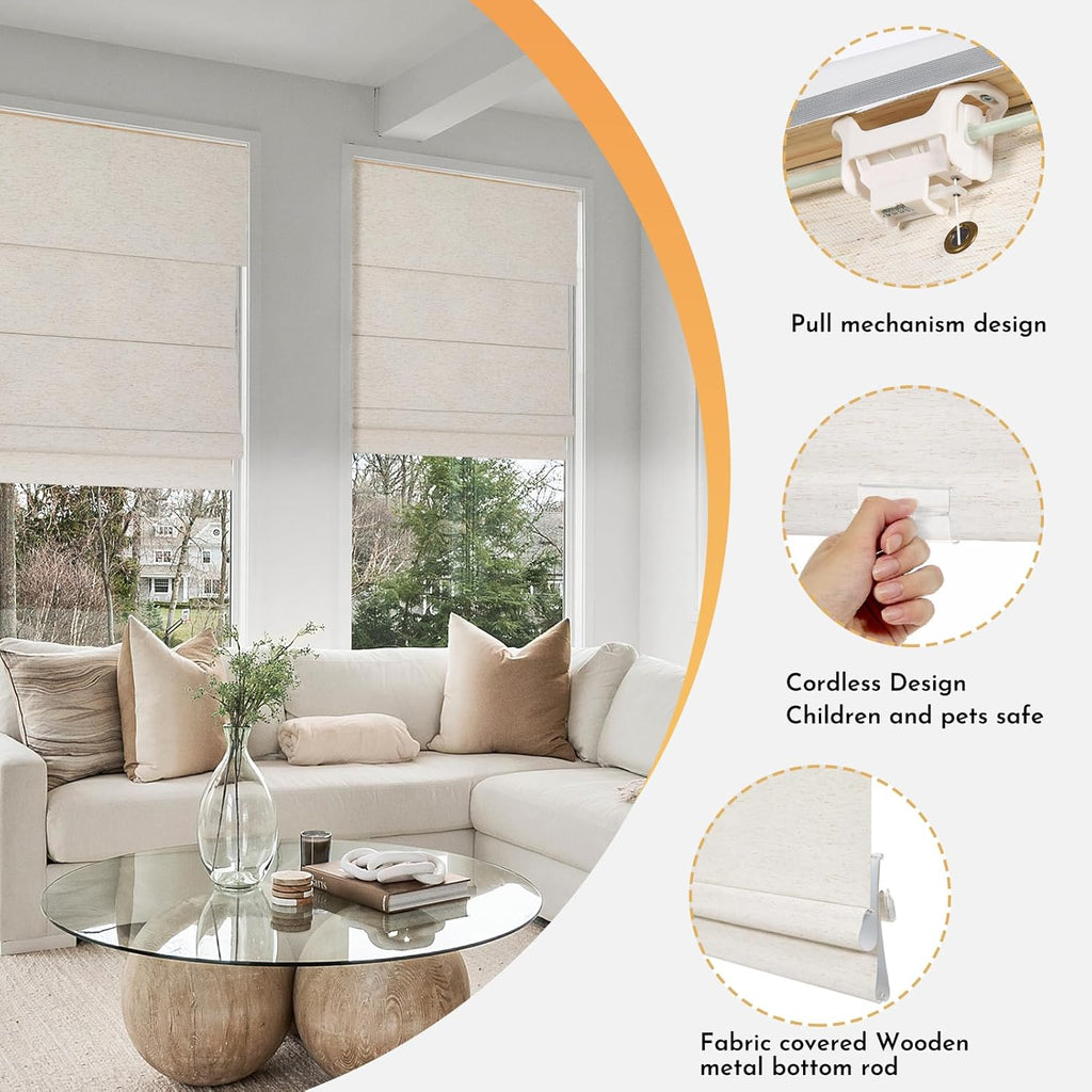 Cordless Blackout Roman Shades for Windows,Natural Woven Linen Fabric Roman Shades,Thermal Insulated Roman Blinds,UV