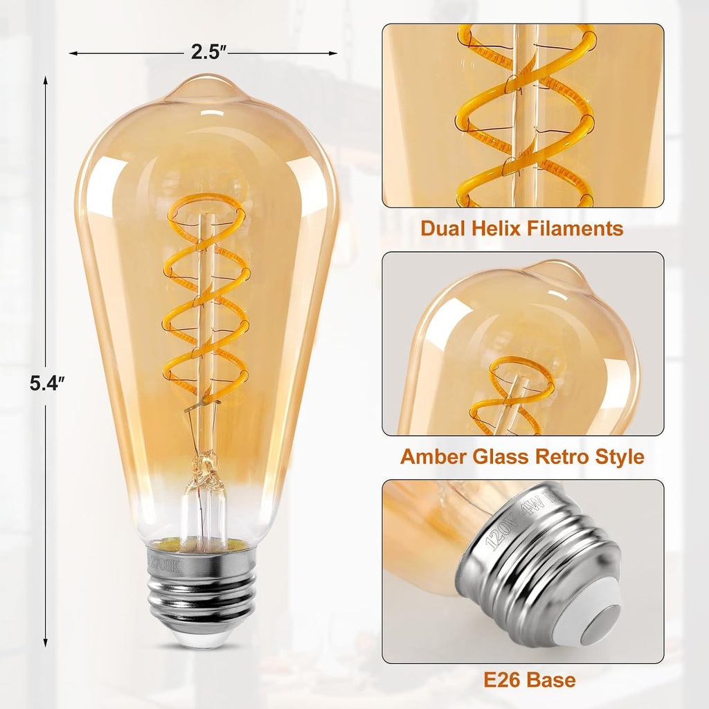 ST64 LED E26 Vintage Edison Light Bulbs, Amber Glass, Dimmable, 4W(40W Equivalent) 300 Lumens, 2200K Ultra Warm