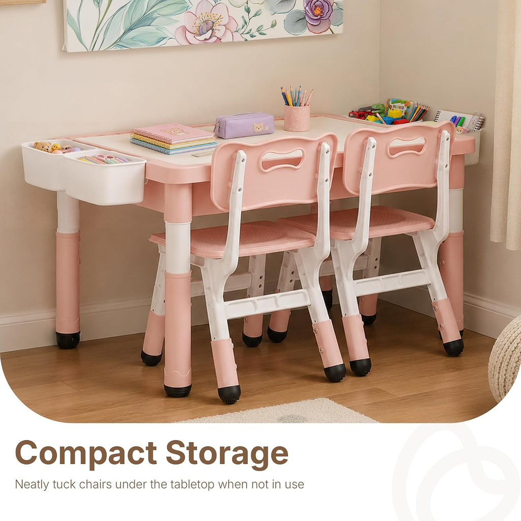 In-1 Kids Table and 2 Chairs Set, Reversible Tabletop, Pink