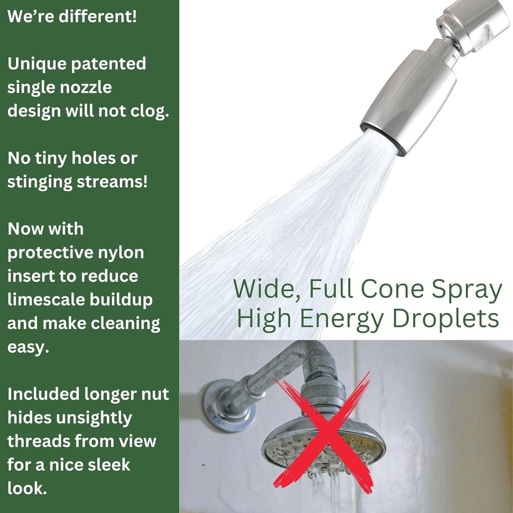 Sierra ClassicTM Solid Metal 1.5 GPM Award Winning, Ultra Low Flow Shower Head. Patented Nozzle Never Clogs. Long Nut