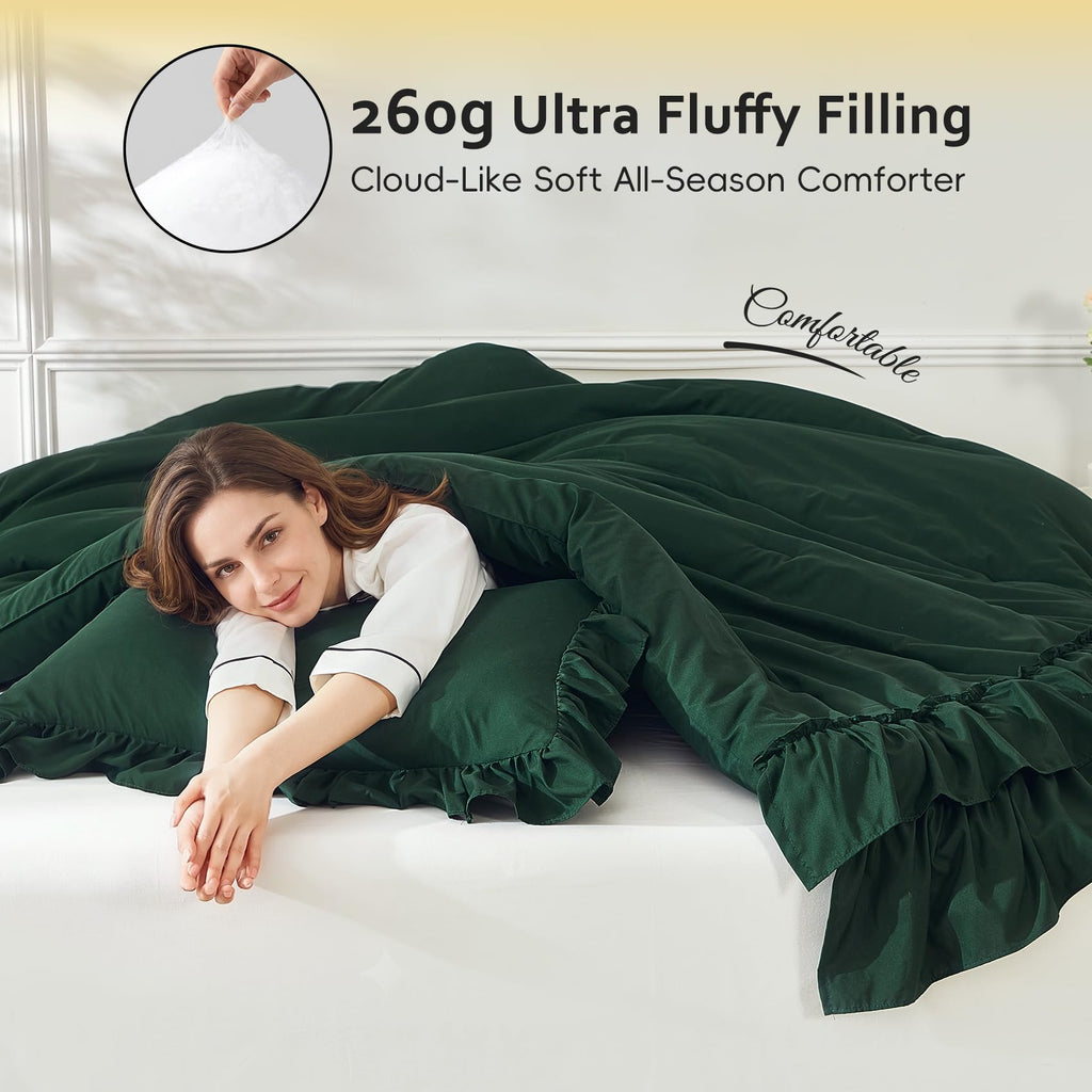 Dark Green Ruffle Comforter Set 3‐Piece Farmhouse Bedding