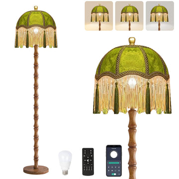 Vintage Floor Lamp, Fringe Standing Lamp with Remote Dimmable, Green Mid Century Gold Tall Lamp Boho Retro Wood Tassel