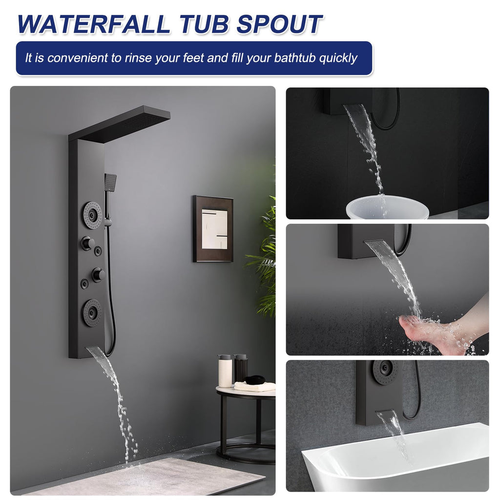 5 in 1 Rainfall Shower Panel Tower with Tub Spout, Matte Black