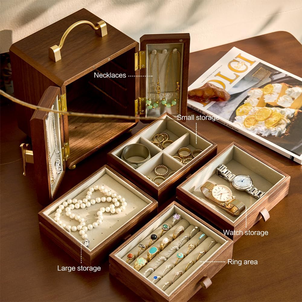 Black Walnut Jewelry Organizer, Wooden Jewelry Box with Gold Handle