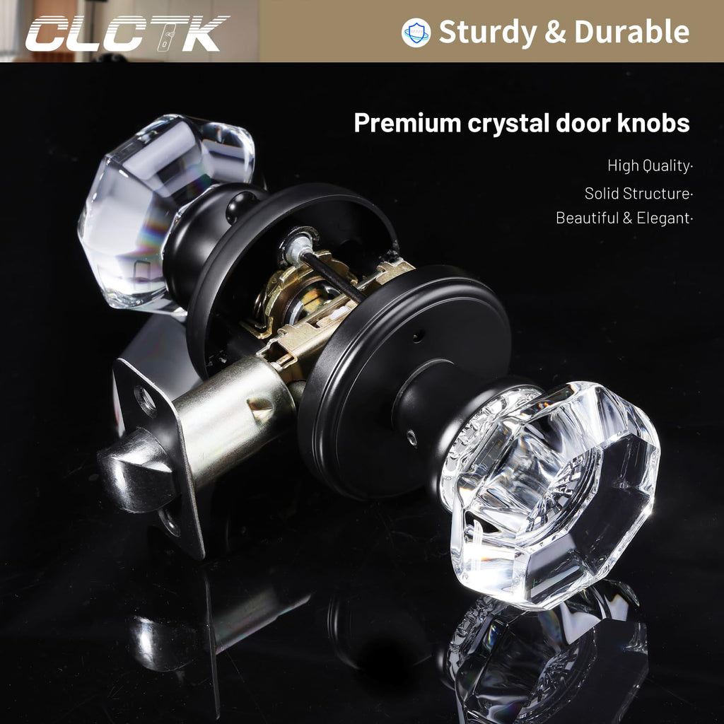 Glass Door Knobs Interior with Lock, Octagon Crystal Privacy Round Matte Black Door Knobs Bathroom