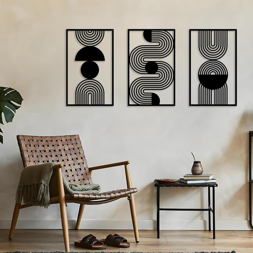 Abstract Metal Wall Art Black Bathroom Wall Decor Mid Century Modern Wall Art Bedroom Bathroom (17x9.8in) - Set of 3