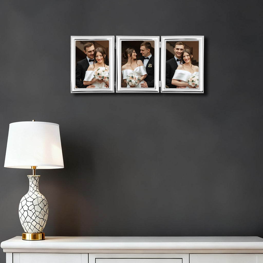 Elegant Silver Plated 5x7'' Hinged Triple Metal Picture Frame, 3-5x7'' Mutli College Frames with Classic Beaded