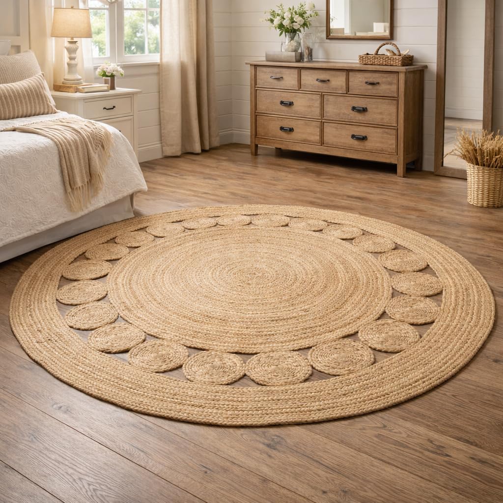 Round Jute Area Rug 8 FT Natural Beige Handwoven Reversible Mat