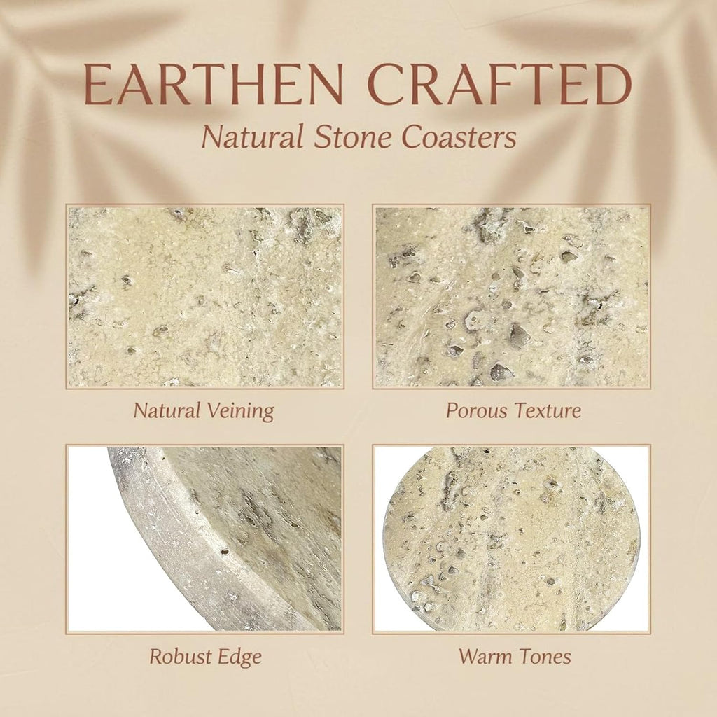 Marble Coasters Set, 3.9 in Round Natural Beige Stone Drink Coasters with Cork Base, 0.5 in Thick - Set of 6