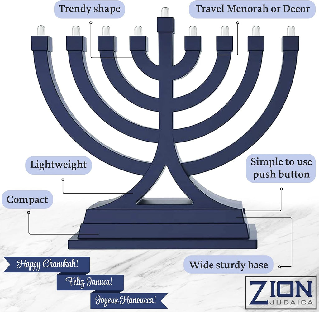 Zion Judaica Mini LED Hanukkah Battery or USB Operated - Multiple Light Settings On The Go Hanukkiah for Chanukah